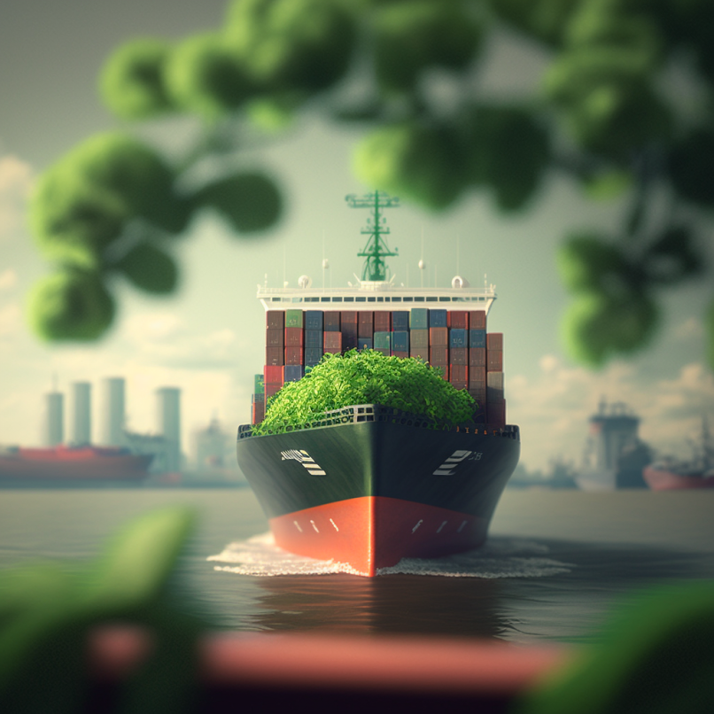 Cargo ship with green plants, symbolising sustainable maritime solution, sailing towards the viewer